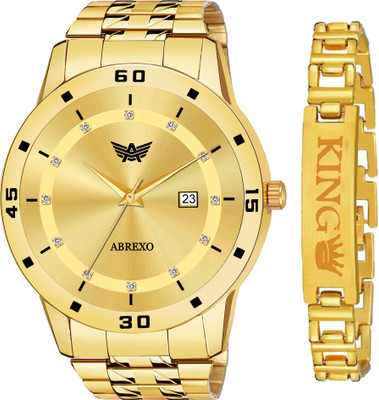 ABREXO Trending Combo Date Working Gold Wrist Watch With Gold King Bracelet Special Combo for Boys Analog Watch  - For Men