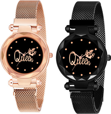 HC HARMI CREATIVE HC HARMI CREATIVE Q2104 Analog Watch Queen Dial Magnet Strap Gold and Black Analog Watch - For Women Pack of 2 Analog Watch  - For Girls