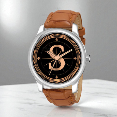 Krolexe ALPHA-S-NEWAVO-SIL-TAN-CRL Fancy Design Stylish ALPHABET S Dial Beige Leather Strap Men Wrist Watch Analog Watch  - For Men