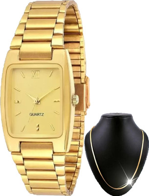 Good Friend With New Design Golden Watch & Golden Flat Chain Rich Look Analog Watch  - For Men
