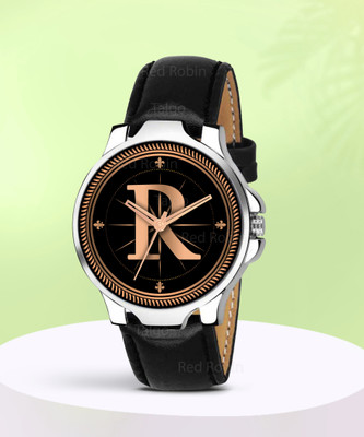 SKOAL ALPHA-R-3K-SIL-BLK-L Fancy Design Stylish ALPHABET R Dial Black Leather Strap Men Wrist Watch Analog Watch  - For Boys