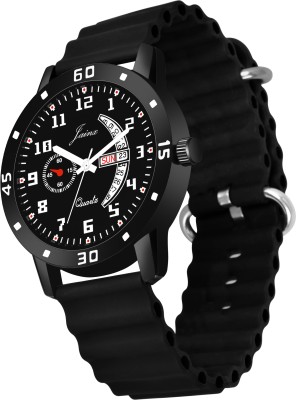 JAINX Black Day and Date Dial Silicone Band Analog Watch - For Men