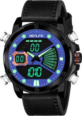 Benling BL-1020-BLKCASE-SQR-BLU-BLACK Analog Digital Multifunctional Sports / Formal /Casual Alarm Stopwatch EL Light | Boys | Gents (Blue Dial Black Leather Strap) Analog-Digital Watch  - For Men