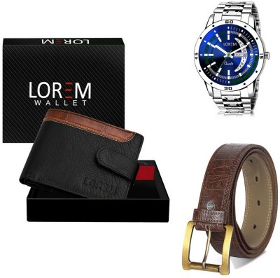 LOREM Men Combo Of Silver Watch-Black Arificial Leather Wallet & Brown Belt Analog Watch  - For Men
