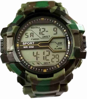 TERIZLA S_SHOCK WATCH SHOCK GREEN ARMY Multi Function Durable LED 7 Light Digital Watch  - For Boys
