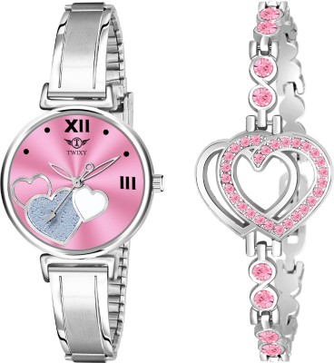 TWIXY Rich Look Heart Design Pink Dial & Stainless Steel Adjustable Belt Analog Watch  - For Women