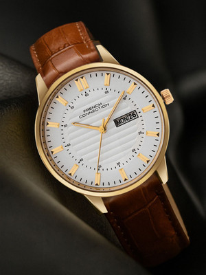 French Connection TEMPODUO Textured Silver Round Dial With Brown Leather Strap Watch Analog Watch  - For Men