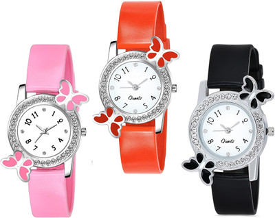 Praizy New Best Designer Combo Of 3 Pink Red & Black Butterfly Designer Analog Watch  - For Girls