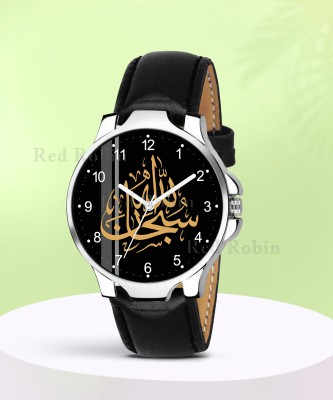 Red Robin IW001-NUM-3K-SIL-BLK-L ISLAMIC Subhanallah Design Round Dial Black Leather Strap Muslim Analog Watch  - For Men