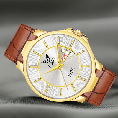 FOGG 1215-Silver ION Gold Platted Day & Date Analog Watch  - For Men