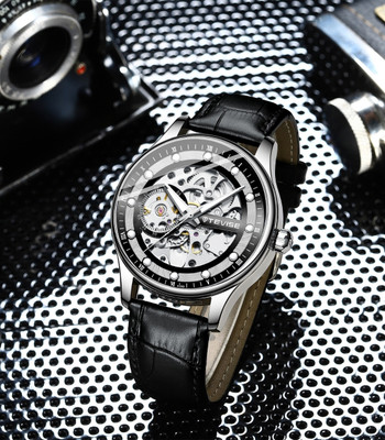 OVERFLY TEVISE Black Automatic Skeleton Mechanical Dial Luxury leather strap wrist watch Analog Watch  - For Men