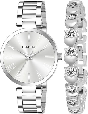 Loretta Stylish Ladies Silve Dial Silver Strap Analog Watch & Bracelet Combo Gift Set Analog Watch  - For Women