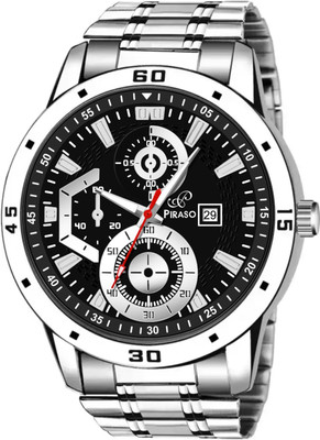 PIRASO D&D ADI BLACK SILVER PIRASO ANALOG DATE DISPLAY BLACK SILVER DIAL & SILVER CHAIN WATCH FOR MEN Analog Watch  - For Men