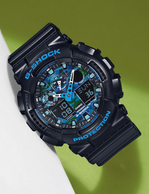 CASIO GA-100CB-1ADR G-SHOCK GA-100CB-1ADR Blue Camouflage Dial Black Resin Strap Analog-Digital Watch  - For Men