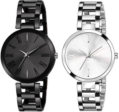 Motugaju Analog Black Silver Round Dial Stainless Steel Belt Analog Watch  - For Women