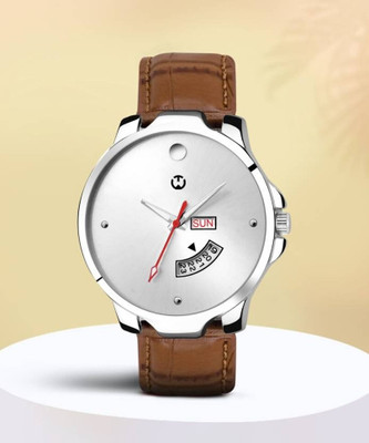 WIZARD TIMES Formal and Party Wear Watch for Men Men's Watch Brown Leather Strap Silver Day & Date Dial Water Resistant Analog Watch  - For Men