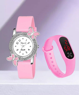 Rozti Branded Diamond Studded Dial Butterfly Wristwatch Combo Analog-Digital Watch  - For Girls