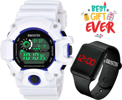 Zyla Brostin-2023 New Sports Blue Dial & White PU Belt Digital 7-LED Light Alarm Digital Watch  - For Boys