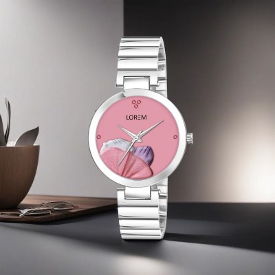 LOREM LR313 Flower Design Pink Designer Dial Silver Metal Strap Round Analog Watch  - For Women