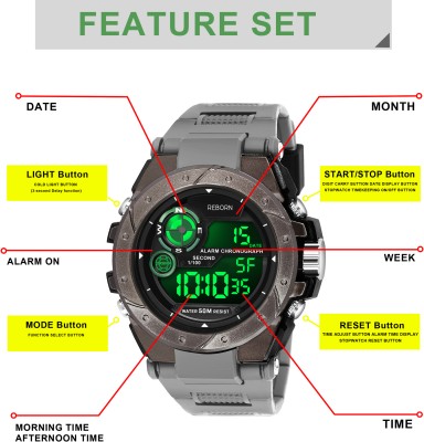 Reborn 9105 DIGITAL GREY Chronograph Multifunctional Sport Metal Body fashionable wrist watch Digital Watch  - For Men