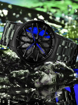 KHXR Spinning car wheel rotating gyro blue watch Car wheel watch | Spinning watch | Rotating watch | Gyro watch | Analog Watch  - For Men