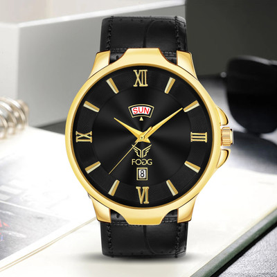 FOGG 1213-Black Day and Date Ion Gold Platted Analog Watch  - For Men