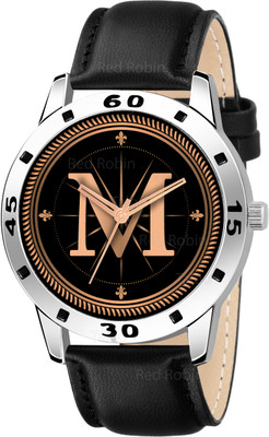 Krolexe ALPHA-M-AVO-SIL-BLK-L Fancy Design Stylish ALPHABET M Dial Black Leather Strap Men Wrist Watch Analog Watch  - For Boys