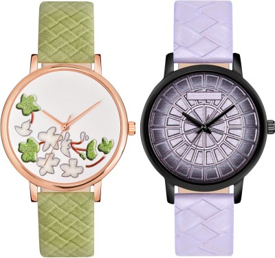 Loretta LT-501-509 Pack of 2 Leather Belt Round Dial Combo Women Analog Watch  - For Girls