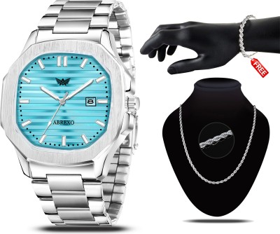 ABREXO Abx7000- Silver + C2 Silver Chain & Bracelet Skyblue Dial Date Working Watch With Designer Chain & Bracelet Combo for Boys Analog Watch  - For Men