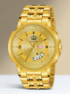 LIMESTONE Day & Date Original HMTS Gold Plated Adjsutable HMTS Bracelet Quartz Analog Watch  - For Men