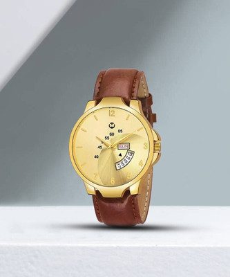 WIZARD TIMES Formal and Party Wear Watch for Unisex Men's Watch Brown Leather Strap Golden Day & Date Dial Water Resistant Analog Watch  - For Men & Women