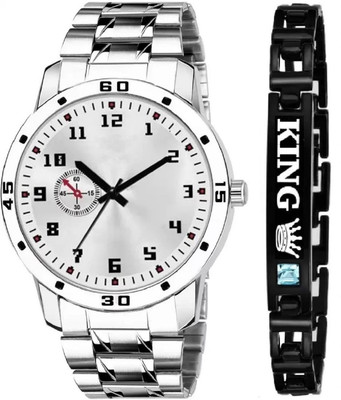 Shivark Unique Formal Look Silver Dial Watch and King Diamond Bracelet Combo For Men Analog Watch  - For Boys