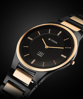 Titan Edge Ceramic Quartz in Midnight Gold with Diamonds and Black Dial Analog Watch  - For Men