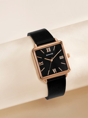 SONATA Sonata 2 Quartz Black Dial Black Leather Strap Analog Watch  - For Women