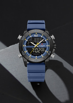 NAVIFORCE multi-Functional Blod Black Case With Vibrant Deep Blue Silicon Strtap Analog-Digital Watch  - For Men