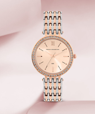 French Connection Diana Women's Analog Rose Gold Watch | Rhinestone Rose Gold Sunray Dial Analog Watch  - For Women