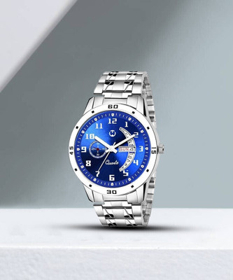 WIZARD TIMES EH-226-BK Men's Watch Silver Stainless Steel Strap Blue Day & Date Dial Water Resistant Analog Watch  - For Men