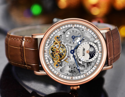Alix Classic skeleton automatic Elegant rose gold case with genuine leather strap Analog Watch  - For Men