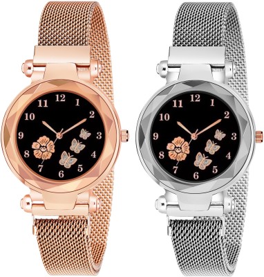 MAAN INTERNATIONAL FBF223-Magnet Pack Of 2 Black Flower Printed Dial Luxury Magnetic Strap Girls Analog Watch  - For Women