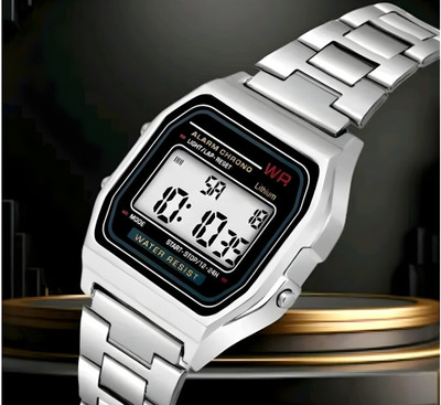 Timofy Digital Silver Watch Waterproof Alarm Stopwatch Stainless Metal Strap Stylish Metal Strap Series Digital Watch  - For Men