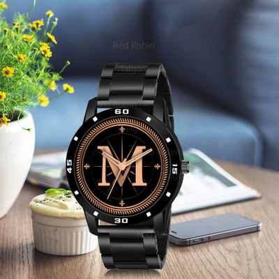 Krolexe ALPHA-M-AVO-BLK-CDBLK Fancy Design Stylish ALPHABET M Dial Black Leather Strap Men Wrist Watch Analog Watch  - For Boys
