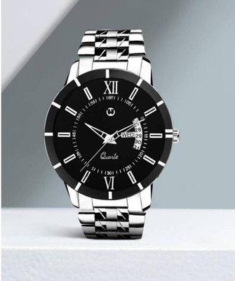 WIZARD TIMES Formal and Party Wear Watch for Men Men's Watch Silver Stainless Steel Strap Black Day & Date Dial Water Resistant Analog Watch  - For Boys