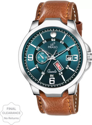 PIRASO D&D P95419 BLUE ANALOG DAY AND DATE WORKING BLUE DIAL BROWN STRAP WATCH FOR MEN & BOYS Analog Watch  - For Men