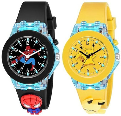 SALINA Pikachu-Spiderman Multicolor Lights 3D Cute Cartoon Multi Function Rubber Strap Kidd's Analog Watch  - For Boys & Girls