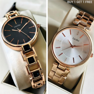 Lucifer NEW BLACK - DRW1 WHT COMBO WOMEN WATCH Premium Stainless Steel Black And Silver Dial Watch Birthday Gift Set for Girls Analog Watch  - For Women