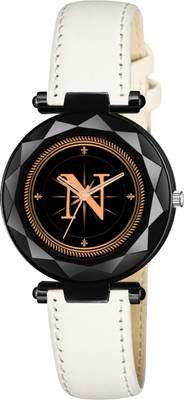 Red Robin GEN-BK-ALPHA-N-WHT-L-1 prominent letter 'N' on its dial White Leather Casual,Formal,Party,Wedding Analog Watch  - For Girls