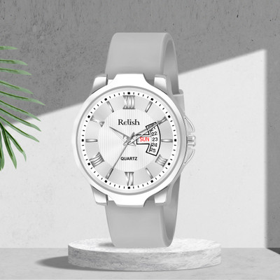 RELish RS2 Pro Antique Grey Dial Silver Case Silicone Strap Day & Date Functioning Quartz Analog Watch  - For Men