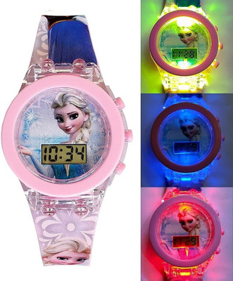 Elhify Frozen Glowing Unisex Kids Pink Printed Dial Pink Glow in Dark Strap Digital Watch  - For Boys & Girls