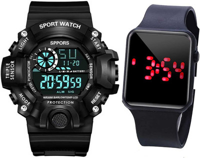 Zienz BSTI0021-Shock Sport Black Dial PU Belt Digital 7-LED Light Alarm Digital Watch  - For Men