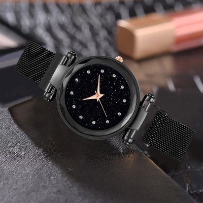 KNACK Magenet lock full Black steel body and Cut glass stunning look with shine and sizzel like starry sky design watch for women Analog Watch  - For Girls